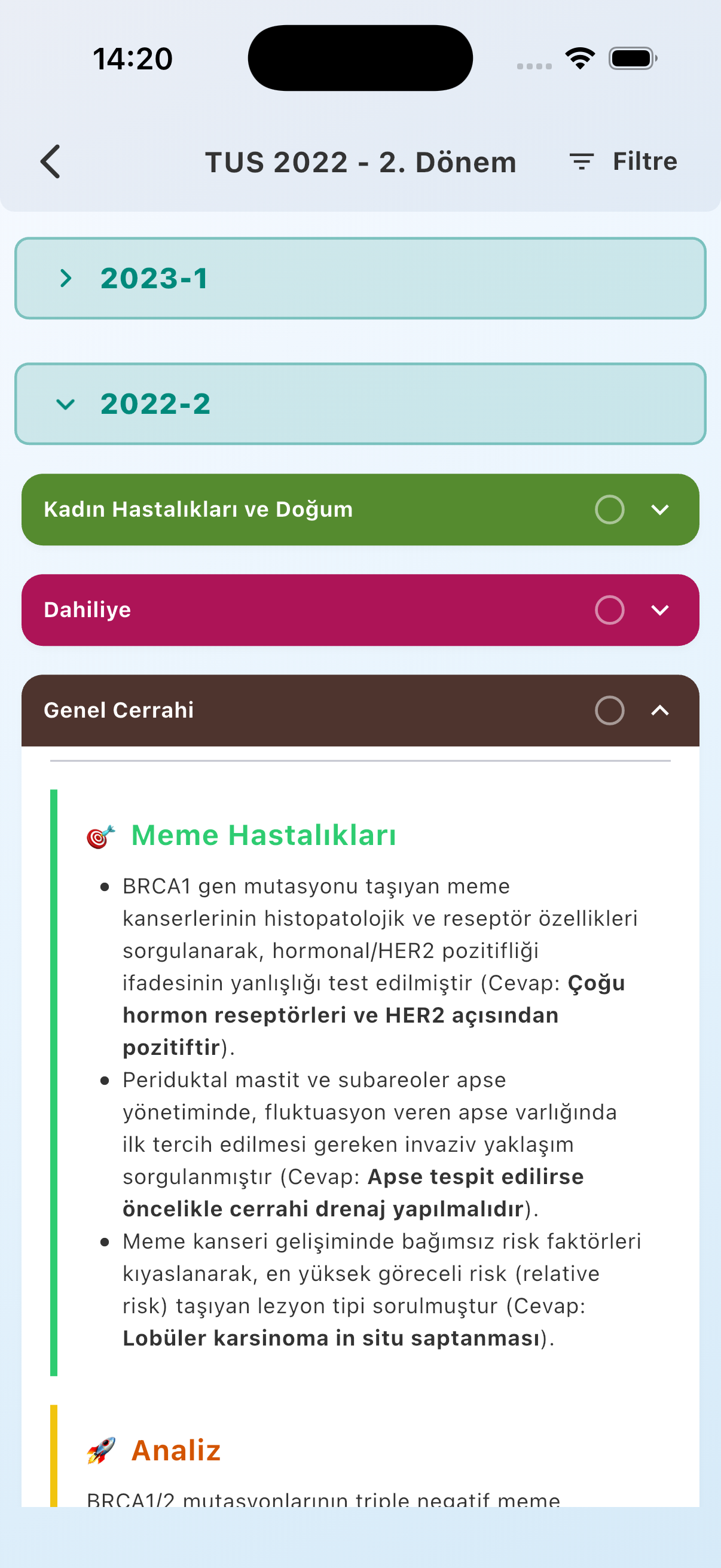 Çıkmış soru analizi ekranı